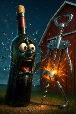 Eine Weinflasche mit menschlichem Gesicht schreit voller Angst, während sie springt. Daneben stößt ein Korkenzieher Funken, als wolle er gewaltsam eindringen. Splitter fliegen durch die Luft, der rote Schuppenbauernhof im Hintergrund bleibt still.