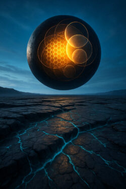 Eine riesige schwarze Sphäre schwebt über einer zerklüfteten Landschaft. In ihrem Inneren leuchten geometrische Muster aus Gold und Honigwabenstrukturen. Vom Boden ziehen blaue Lichtadern empor und verbinden Erde mit Himmel.