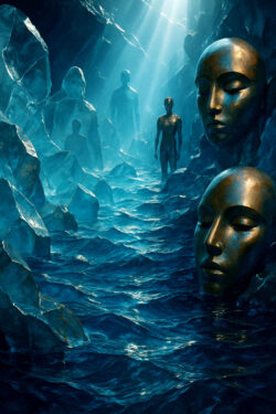 In einer mystischen Höhle ragen aus dem Wasser monumentale Köpfe aus Bronze empor, ihre Augen geschlossen wie in tiefem Schlaf. Zwischen den schimmernden Felsen stehen schemenhafte Gestalten, vom blauen Licht durchdrungen. Strahlen fallen von oben herab und tauchen die Szene in eine geheimnisvolle, fast sakrale Stimmung.