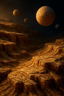 Mehrere riesige, rissige Kugeln schweben über einer tiefen, canyonartigen Landschaft aus gelbem Gestein vor dunklem Himmel.