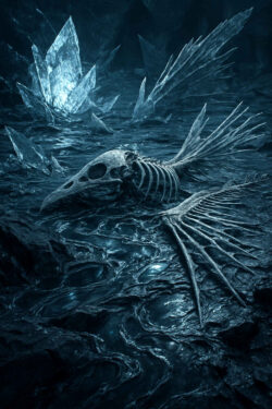 Ein fossiles Skelett mit Flügeln liegt auf dunklem, kristallinem Boden. Hinter ihm wachsen riesige, scharfkantige Kristalle empor. Das kalte blaue Licht taucht die Szene in eine frostige Stille. Es erinnert an eine vergessene Kreatur aus einer anderen Zeit.