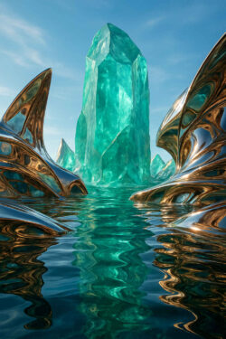 Ein riesiger türkisfarbener Kristall ragt wie ein Berg aus dem Wasser. Goldene, organisch geformte Strukturen spiegeln sich in der ruhigen See. Der Himmel ist klar und blau.
