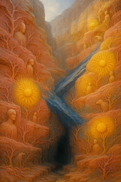 Ein Canyon voller Bäume, deren Zweige menschliche Gesichter und Figuren formen. Zwischen den Klippen leuchten goldene Sonnenblüten, während ein dunkler Höhleneingang im Hintergrund ruht. Die Landschaft scheint von stiller Spiritualität durchzogen.