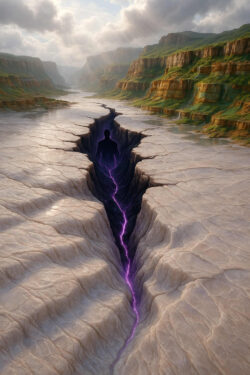 Eine tiefe Kluft zieht sich durch eine wüstenartige Ebene. Aus der Spalte steigt violettes Leuchten, das die Silhouette einer Gestalt erhellt. Im Hintergrund ragen grüne Felsplateaus auf.