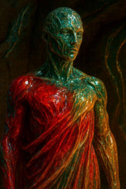 Eine menschenähnliche Skulptur mit marmorierter Oberfläche in Rot und Grün. Die Texturen erinnern an fließende Lava, die in Gestein erstarrt ist. Der Ausdruck des Gesichts wirkt ruhig und zeitlos.