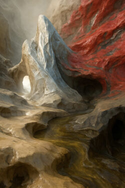 Ein bizarrer Canyon mit weißen und roten Felsformationen, durchzogen von einem schmalen, goldbraunen Wasserlauf. Höhlen und gewundene Strukturen verleihen der Landschaft ein urzeitliches, fast mystisches Gepräge.
