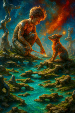 Ein Junge mit steinartiger Haut hockt auf einer fremden Landschaft und blickt in die Augen eines glühenden Hundes. Zwischen ihnen entsteht eine stille Verbindung aus Licht und Energie. Hinter ihnen funkelt ein sternreicher Himmel.