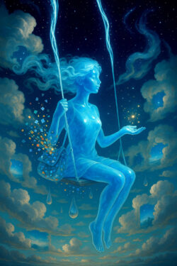 Ein Mädchen aus leuchtendem Blau schaukelt zwischen Wolken im Nachthimmel. In ihrer Tasche sprühen bunte Fragmente, während sie Sterne in der Hand hält. Der Himmel öffnet sich in Fenstern, Tröpfchen hängen wie Tränen herab.