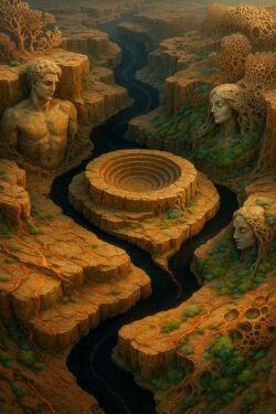 In einer tiefen Schlucht ragen gigantische steinerne Gesichter und Körper hervor, halb Mensch, halb Landschaft. In der Mitte liegt ein kreisförmiges Amphitheater aus Stein. Leuchtende Adern durchziehen den Boden wie Lebensadern der Erde.