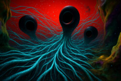 Drei schwarze, organisch wirkende Formen mit leeren Öffnungen ragen aus einem Geflecht leuchtender, wurzelähnlicher Stränge in einer roten, kosmischen Weite. Die Szene wirkt fremdartig, bedrohlich und geheimnisvoll.