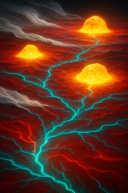 Drei goldgelb leuchtende Kuppeln glimmen auf einer roten Landschaft, durchzogen von blitzartigen, blauen Energieadern. Ein Bild von pulsierender Kraft, das zugleich Leben und Gefahr andeutet.