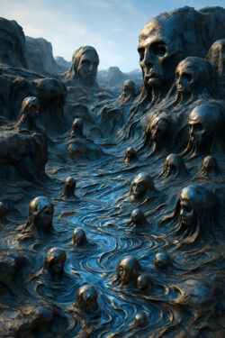 Ein Fluss aus dunkelblauer, zähflüssiger Masse, in dem unzählige Gesichter erscheinen und wieder verschwinden. Monumentale Köpfe ragen aus den Ufern empor. Die Szene wirkt surreal, traurig und unentrinnbar.