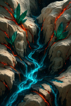 Ein leuchtend blauer Strom bahnt sich durch gespaltene Felsen, deren Risse in roter Glut glimmen. An den Seiten sind riesige Kristalle gewachsen, zwischen ihnen ruhen steinerne Figuren. Die Szene wirkt wie ein Fluss aus reiner Energie.