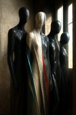 Vier hochgewachsene, gesichtslose Figuren stehen nebeneinander in einem spärlich beleuchteten Raum vor einem Fenster. Eine Figur trägt ein Gewand in Weiß, Rot und Grün, während die anderen schwarz bleiben. Atmosphärisch, wie eine zeremonielle Begegnung.