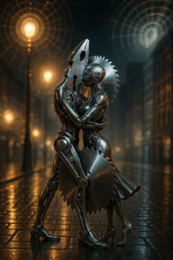 Zwei humanoide Roboter aus glänzendem Stahl tanzen eng umschlungen auf einer nassen Straße. Ihre Gesichter bestehen aus Werkzeugen, ihr Körper aus Zahnrädern und Metallgliedern. Im Hintergrund leuchten Straßenlaternen in einem nächtlichen Muster.