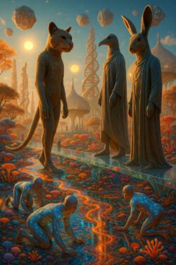 Drei Wesen mit Tierköpfen – Katze, Vogel und Hase – stehen in Roben auf einem schwebenden Pfad. Unter ihnen kriechen glitzernde, menschenähnliche Gestalten durch einen leuchtenden Fluss. Im Hintergrund ragen DNA-Strukturen und geometrische Körper in den Himmel.