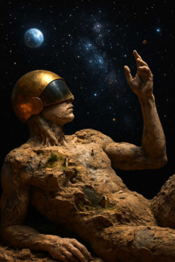 Ein riesenhafter steinerner Mensch mit goldenem Visier liegt unter den Sternen. Auf seinem Körper wachsen Bäume und winzige Türen öffnen sich wie Portale. Die Gestalt wirkt wie ein uraltes Bindeglied zwischen Erde und Kosmos.