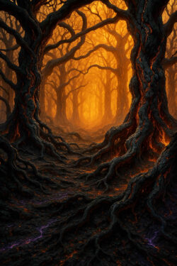 Schwarze Bäume mit glühenden Adern formen einen endlosen Tunnel. Ein goldener Schein erleuchtet die Tiefe des Waldes. Die Szene erinnert an einen Gang in eine andere Welt.