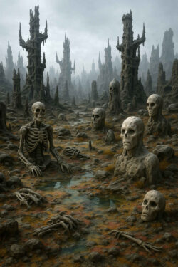 Eine karge, graue Landschaft ist übersät mit steinernen Skeletten und Schädeln. Manche ragen halb aus dem Boden, andere sitzen wie Wächter in der Ödnis. Türme aus Fels verstärken die morbide und endzeitliche Atmosphäre.