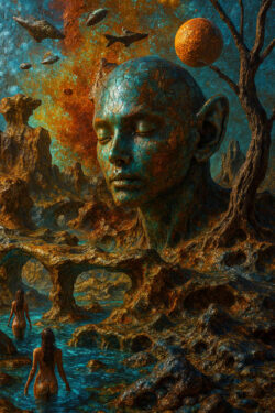 Ein gigantischer, in Stein gehauener Kopf ruht in einer bizarren Landschaft. Über ihm ziehen Planeten und seltsam geformte Flugkörper vorbei. Zwei Frauen waten durch das Wasser, das die Landschaft durchzieht.