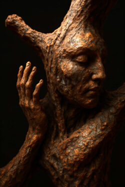 Eine Skulptur zeigt ein menschliches Gesicht, das mit der rauen Rinde eines Baumstamms verwächst. Geschlossene Augen und eine erhobene Hand verleihen dem Werk einen Ausdruck stiller Einkehr. Es wirkt wie ein Gleichnis für die Einheit von Mensch und Natur.