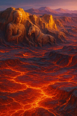 Riesige in Fels gemeißelte Figuren eines Menschen und eines Pferdes liegen an der Kante einer glutroten Lavaebene. Der Himmel taucht die Szene in violett-goldene Dämmerung. Ein Eindruck uralter Wacht über zerstörerische Kraft.