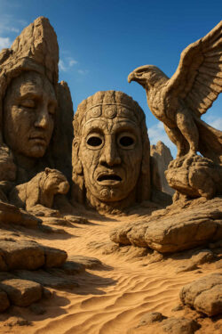 Riesige, in Stein gemeißelte Gesichter und ein Adler dominieren eine Sandlandschaft. Die Masken tragen uralte Züge und wirken wie Überreste einer vergessenen Zivilisation. Zwischen den Skulpturen breiten sich Dünen im goldenen Sonnenlicht aus.