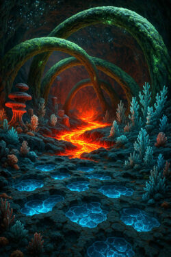 Unter einem gewölbten Höhlendach krümmen sich gigantische Wurzeln über einen Fluss aus fließendem Feuer. Blau leuchtende Wasserbecken liegen zwischen Korallenbüschen. Eine unterirdische Welt, zugleich fremd und lebendig.