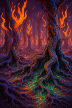 Glühende Flammen wachsen wie Blätter aus verdrehten, dunklen Baumstämmen. Die Wurzeln leuchten in geheimnisvollen Farben, als ob sie pulsieren. Die Szene wirkt wie ein Traum zwischen Feuer und Leben.