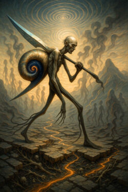 Ein dünnes Wesen mit spitzen Gliedmaßen trägt ein gigantisches Schneckenhaus. In der Hand eine übergroße Klinge, während es über eine zerklüftete Landschaft schreitet. Unter den Steinen liegen Schädel und Wurzeln, über der Szene pulsieren Kreise.