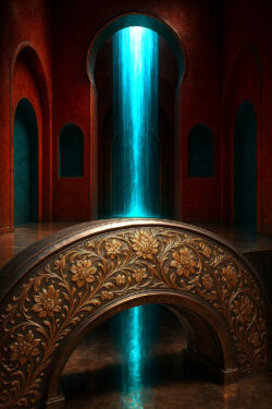 Wasserfall im Palast der Bögen Alt-Text: In einer Halle mit roten Wänden strömt ein leuchtend blauer Wasserfall aus der Decke. Ein reich verzierter goldener Bogen dominiert den Vordergrund. Der Raum wirkt mystisch und erhaben.