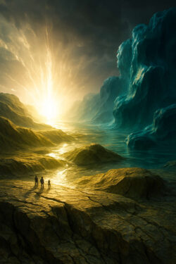 Drei Gestalten schreiten über steiniges Land einem gleißenden Horizont entgegen. Rechts türmen sich türkisfarbene Eisberge, links fließt goldenes Licht. Der Moment wirkt wie der Übergang in eine andere Wirklichkeit.