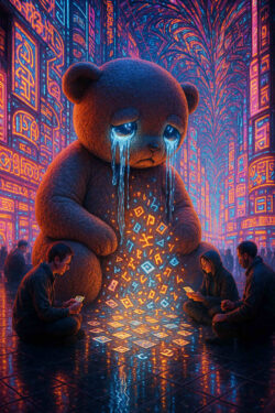 Ein gigantischer Teddybär sitzt in einer neonfarbenen Stadt, Tränen aus blauem Licht strömen aus seinen Augen. Vor ihm sitzen drei Menschen im Kreis, gebannt von den leuchtenden Symbolen auf dem Boden. Die Szene wirkt zugleich traurig und magisch.