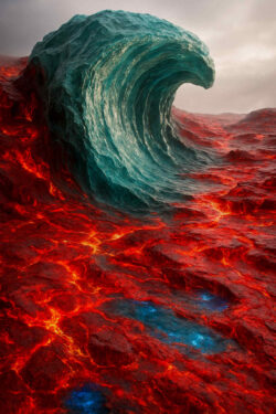 Eine riesige Wasserwelle aus Eis erhebt sich über einem Meer aus flüssiger Lava. Rotglühende Ströme ziehen sich durch den Boden, während türkisfarbene Flächen dazwischen aufleuchten. Die Szene wirkt wie ein Kampf der Elemente.