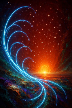 Ein kosmisches Bild voller Energie: Blaue Lichtbögen schweben elegant über ein Meer, das von einer glühenden roten Sonne erhellt wird. Die Stimmung ist zugleich friedlich und voller kosmischer Kraft.