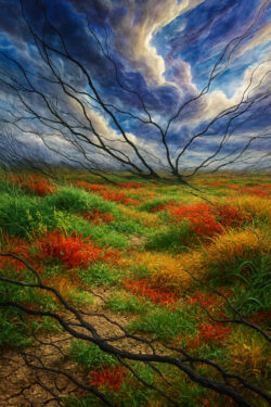 Ein weites Feld aus buntem Gras liegt unter dramatischen Wolken. Schwarze, kahle Äste durchschneiden Himmel und Landschaft. Die Szene vereint Aufbruch und Zerstörung zugleich.