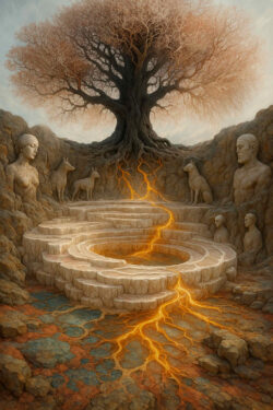 Ein mächtiger Baum wächst aus Felsen, seine Wurzeln durchzogen von goldenem Licht. Steinstatuen von Menschen und Tieren bewachen den heiligen Kreis darunter. Die Szene wirkt wie ein mythisches Tor zwischen Erde und Himmel.