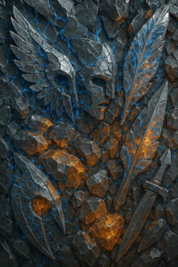 Reliefartige Darstellung in dunklem, aufgebrochenem Gestein mit leuchtend blauen Adern. Darin eingearbeitet sind Symbole: eine Maske mit Flügeln, eine Feder, ein Schwert. Das Bild strahlt urzeitliche Kraft und geheimnisvolle Mythologie aus.