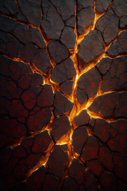 Eine Nahaufnahme von dunklem, aufgerissenem Gestein, durch dessen Spalten goldenes Licht dringt. Die Linien verzweigen sich wie Wurzeln oder Blitze und erzeugen ein Gefühl von Kraft und Dynamik. Es wirkt, als würde der Boden selbst glühen.