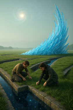 Zwei Menschen knien auf einer grünen Wiese neben einem Kanal, der nicht Wasser, sondern ein Fenster zu den Sternen enthält. Im Hintergrund erhebt sich eine monumentale, kristallblaue Skulptur in den Himmel. Die Stimmung ist ruhig und kontemplativ, als würden sie ein Geheimnis der Schöpfung erkunden.