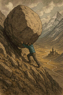 Ein Mann stemmt einen gewaltigen Felsblock einen steilen Berg hinauf, die Landschaft wirkt rau und karg. Im Tal ist eine kleine Kirche zu sehen, die wie ein fernes Ziel erscheint. Die Szene symbolisiert Mühsal, Ausdauer und den endlosen Kampf des Lebens.