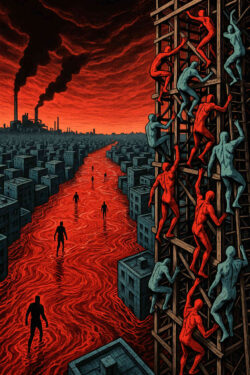 Menschliche Figuren klettern an einer gigantischen Holzstruktur empor, während ein blutroter Fluss durch eine endlose Stadtlandschaft fließt. Rauch steigt aus Fabrikschloten auf und färbt den Himmel bedrohlich dunkel. Das Bild vermittelt einen Eindruck von Überlebenskampf und dystopischer Ordnung.