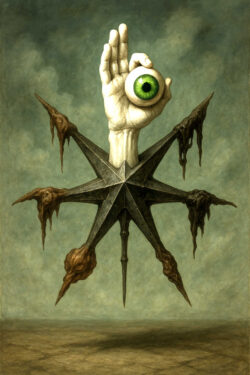 Eine weiße Hand erhebt sich aus einem schwarzen, verfallenen Sternsymbol und hält ein grünes Auge. Die Spitzen des Sterns sind mit dunklen, tropfenden Resten bedeckt, als ob sie verbrannt wären. Der Himmel ist trüb und staubig, die Szene wirkt wie eine Vision aus einem apokalyptischen Traum.