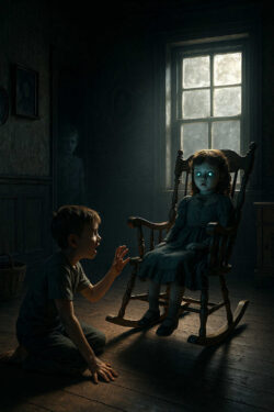 Ein Junge kniet vor einem Schaukelstuhl, in dem ein Mädchen mit leuchtenden Augen sitzt. Im Hintergrund steht schemenhaft ein weiterer Geist. Das schwache Licht aus dem Fenster taucht die Szene in eine gespenstische Stille.