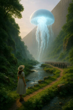 Eine Frau in einem hellen Kleid steht auf einem Waldweg und blickt auf eine gigantische, leuchtende Qualle, die über dem Fluss schwebt. Am Wegesrand stehen viele Gestalten, als würden sie dem Ereignis beiwohnen. Nebel und sanftes Licht verleihen der Szene eine mystische Ruhe.