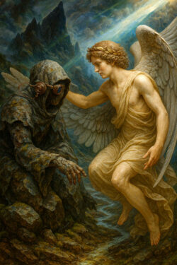 Ein geflügelter Engel beugt sich zu einer verhüllten Gestalt. Sein Blick ist mild, seine Hand berührt tröstend. Die Landschaft ist felsig und dramatisch, doch ein sanftes Licht fällt auf beide herab.