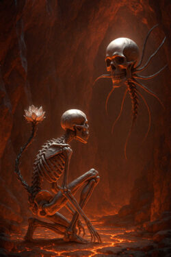Ein Skelett kniet auf glühendem Boden in einer Höhle. Aus seiner Wirbelsäule wächst eine metallische Blume, während ein schwebender Schädel mit Tentakel-ähnlichen Anhängseln vor ihm schwebt. Die Szene leuchtet in warmen, rot-orangen Tönen.