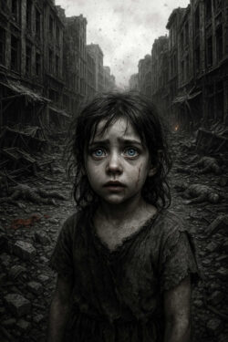 Ein kleines, schmutziges Mädchen steht barfuß in einer zerbombten Straße, umgeben von Ruinen und leblosen Körpern. Ihre riesigen, blauen Augen blicken direkt in die Kamera. Der graue Himmel verstärkt die trostlose Stimmung.
