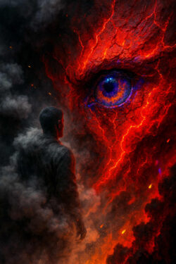 Ein Mann steht in einer rauchigen, apokalyptischen Landschaft und blickt auf ein gigantisches, glühendes Auge in einer Felswand. Die Risse um das Auge glühen rot-orange, als wäre der Fels voller Lava.