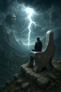 Eine einzelne Figur sitzt auf einem steinernen Stuhl voller Gravuren, während ein Blitz den Himmel durchzuckt. In den Wolken erscheinen die Gesichter urzeitlicher Wesen, die wie Riesen auf die Szene herabblicken. Die Atmosphäre ist ehrfurchtgebietend, als sei dies ein Ort der Offenbarung.